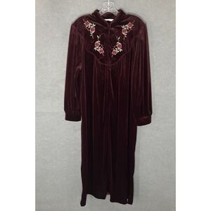 Jasmine Rose Intimates L Maroon Velvet Floral Embroidery 1/2 Zip Nightgown Robe